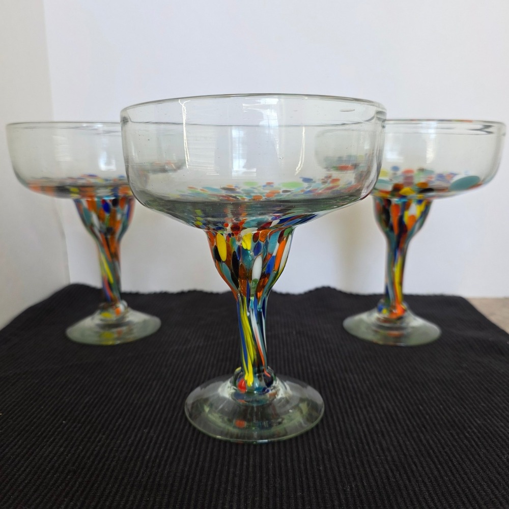 Set of 3 Hand Blown Mexican Margarita Glasses with Colorful Confetti Swirl Stems